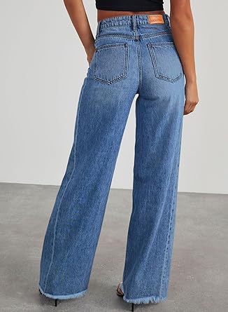 Jeans de pierna ancha para mujer, de cintura alta, elásticos, con dobladillo sin rematar